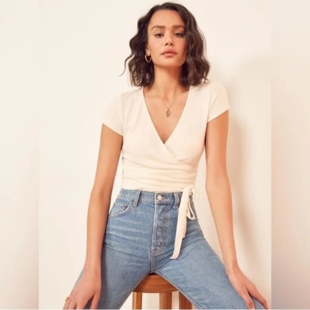 Reformation Flora Ivory White Short Sleeve Cropped Ribbed Tie Waist Wrap Top